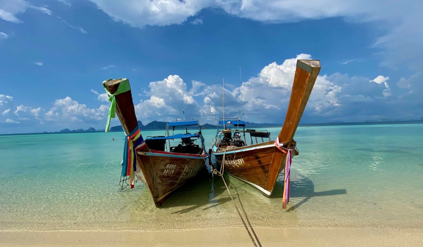 Two longtails on a beach